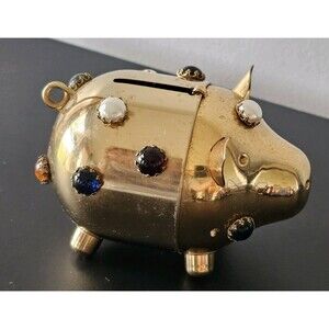 Vintage Napier Pig Gold Plated Piggy Bank Bejeweled Cabochon Colorful Gem Stones